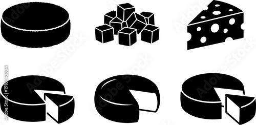 Set of six stylized black cheese silhouette icons, symbolizing wheels, wedges, cubes, Swiss cheese, and culinary food motifs