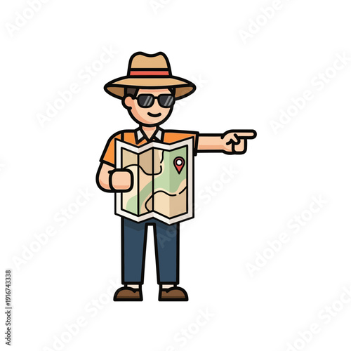 Traveler with Map and Compass Pointing to Destination
