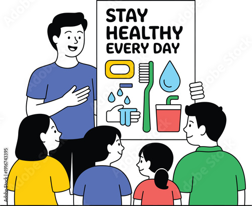 Illustration of family learning daily healthy habits together