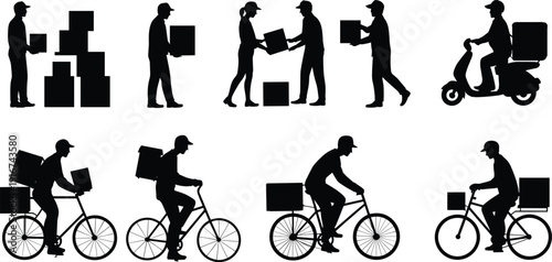Delivery worker silhouettes collection with boxes and bicycles isolated on white background, courier service set, flat vector illustration design