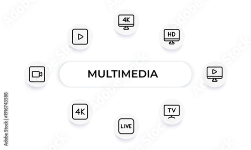 Multimedia and Cinema Line Icon Set – Movie, Film, Video and TV Outline Icons Collection with Modern Editable Vector Symbols