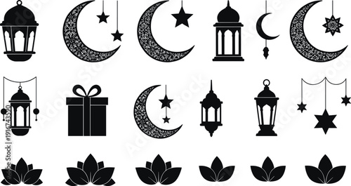 islamic ramadan symbols icon set with crescent moon stars lantern floral ornaments mosque silhouette black white vector