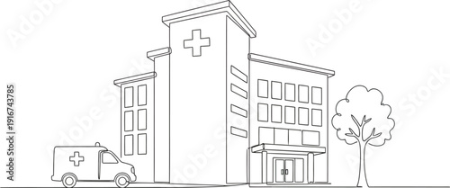 Minimal Line Art Hospital Building Exterior Illustration