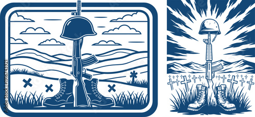 Two blue and white illustrations of a tree and a tower in landscape settings Memorial Day