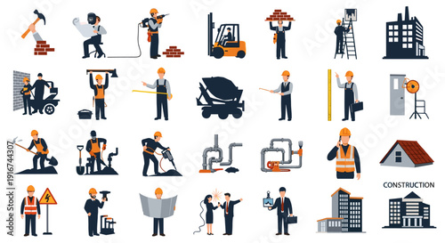 Dynamic flat icon set showcasing essential construction industry roles, including architects, engineers, and skilled laborers, performing building, repair, and development tasks effectively