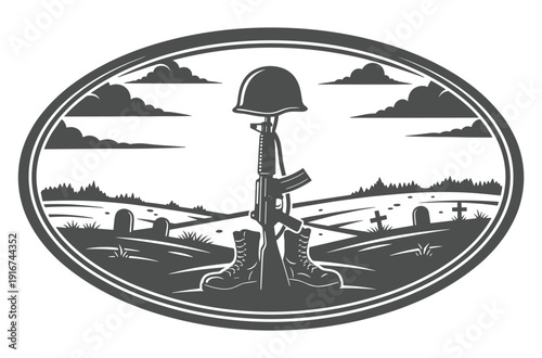A memorial emblem featuring a helmet and rifle in a war torn landscape with cloudy skies and graves Memorial Day