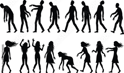 Zombie Silhouettes Collection Featuring Male and Female Walking Poses Isolated on White Background for Halloween Horror Design