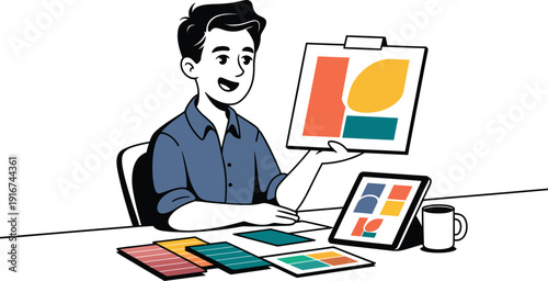 Creative designer working with color palette and digital tablet display