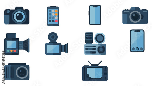 Collection of various blue camera and recording device icons illustrated