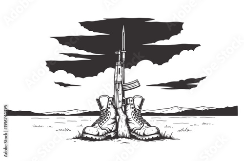 A soldier's memorial with rifle and boots under a tree Memorial Day