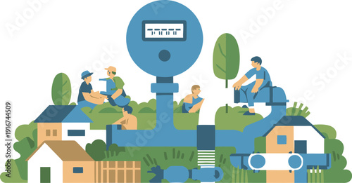 Illustrated community scene with people relaxing near houses and clock tower