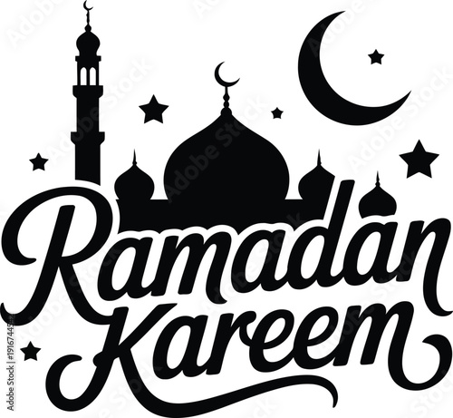 Ramadan kareem greeting with mosque and crescent moon