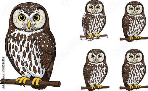 Boreal owl cartoon illustration set with northern saw whet owl perched on a wooden branch isolated on white background for nature design