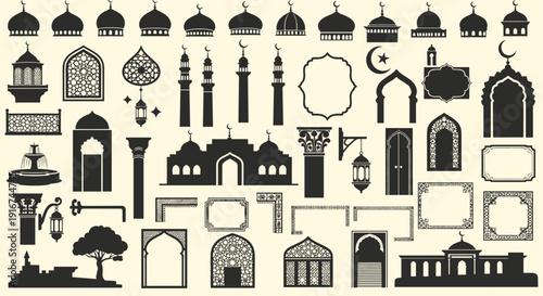 Collection of Islamic architecture elements including arches, domes, windows, minarets, gates, and decorative frames for design and art projects