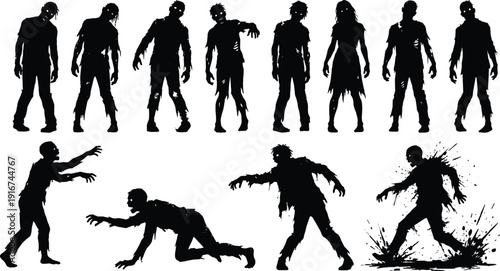 Zombie Silhouette Set with Walking Crawling and Attacking Poses Isolated on White Background for Halloween Horror Illustration