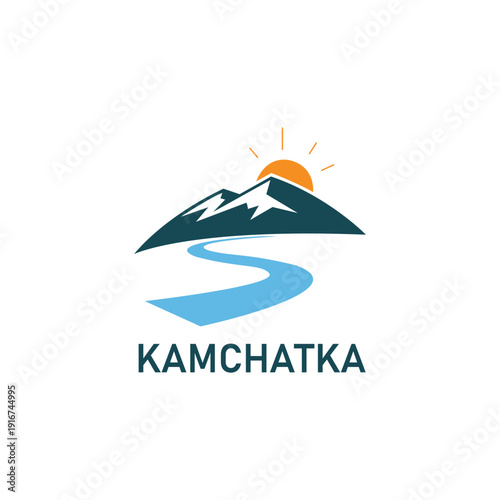Minimal Vector Logo of Kamchatka Summer Adventure with Volcano Sun and River