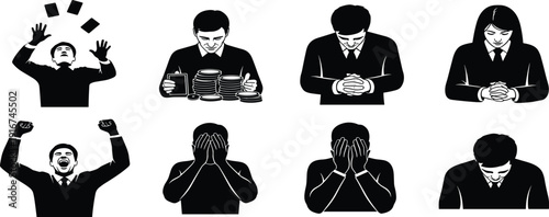 Business emotion silhouette set featuring corporate workers expressing stress regret success apology and financial gain isolated on white background for design