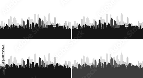 Dynamic collection of abstract urban city skyline silhouettes, showcasing contemporary architectural design elements for various modern vector landscape backgrounds and creative graphic projects