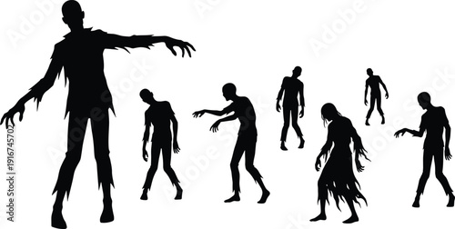 Zombie Silhouette Collection with Multiple Walking and Creepy Poses Isolated on White Background for Halloween Horror Design