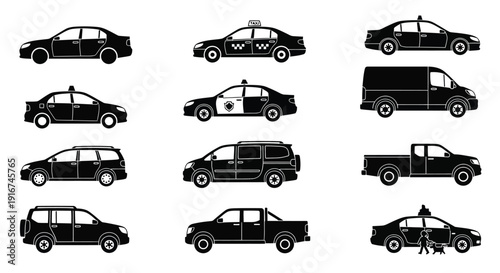 Black silhouettes of various emergency and law enforcement vehicles