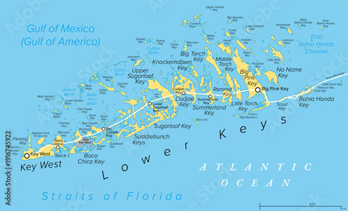 Key West and Lower Keys, Florida, United States, political map. Part of Florida Keys, a coral cay archipelago off the southern coast of Florida, stretching from Key West to Seven Mile Bridge. Vector
