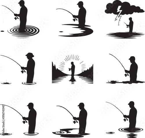 Silhouette of man fishing in various poses and environments  recreational activity