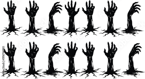 Zombie Hands Silhouette Collection Breaking Through Ground in Dark Horror Style Isolated on White Background