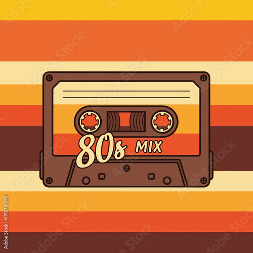 Retro 80s Cassette Tape Mix Design with Stripes Background