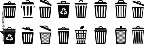 Trash can and recycling bin icons collection isolated on white background, waste management set, flat vector illustration design elements