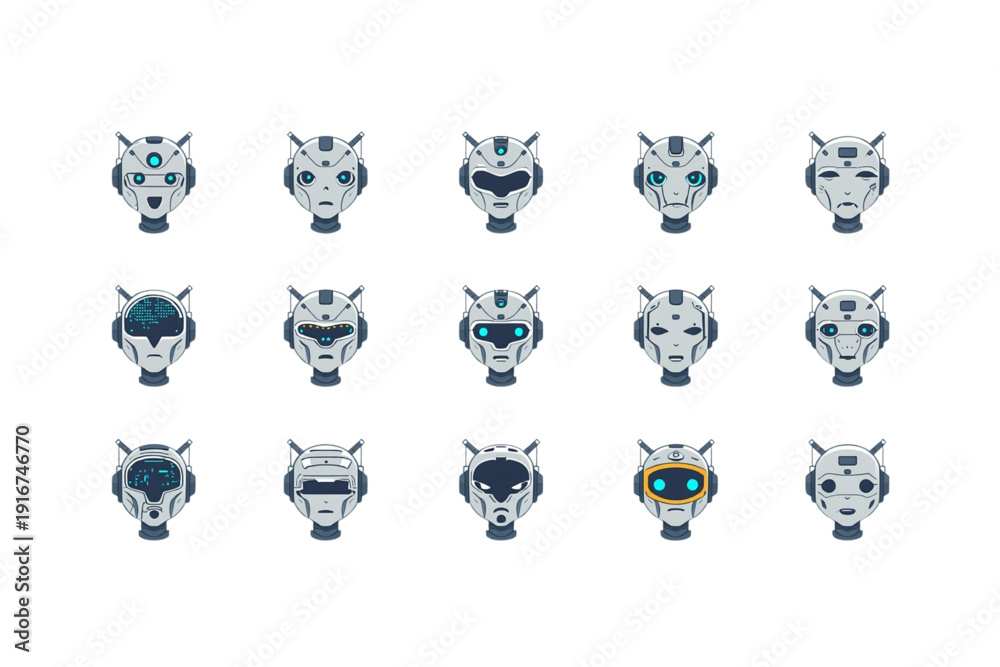 Fototapeta premium AI Robot Head Icons Set Futuristic Android Avatar Faces Artificial Intelligence Technology Vector Collection. Ai generated