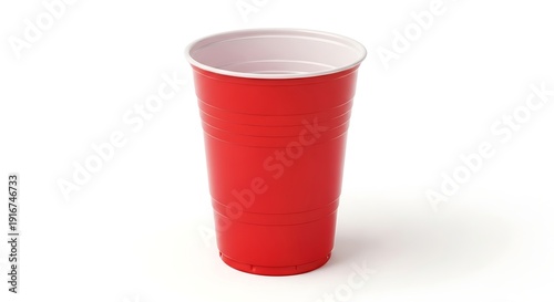 Classic red plastic party cup disposable drinkware isolated on white background with shadow. AI GENERATED.
