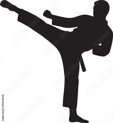 Vector illustration of a black silhouette of a person performing a karate sport sign and body movement