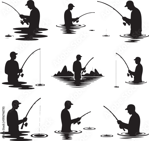 Silhouette of man fishing in various poses on white background