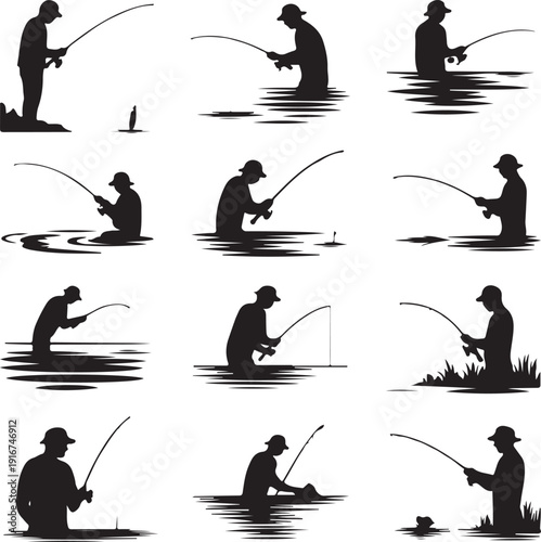 Silhouette of man fishing in various poses on white background