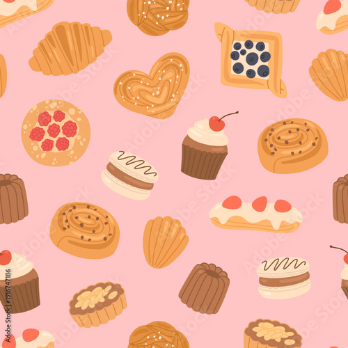 Cute pattern with desserts. Seamless texture with sweet pastry. Croissant, buns, cupcake, eclair, macaroon on pink background. Pattern for wrapping paper or textile