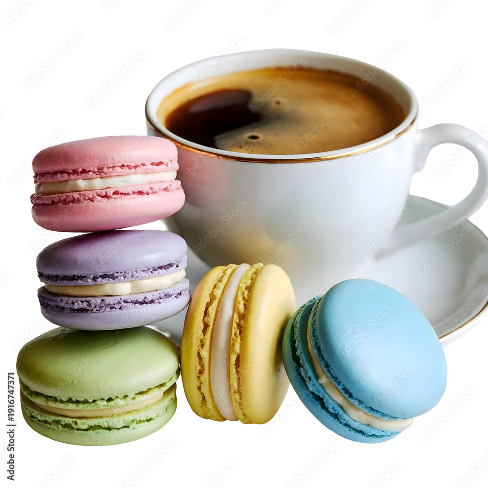Obraz premium Colorful Macarons with Coffee Cup Sweet Pastry and Beverage Studio Shot
