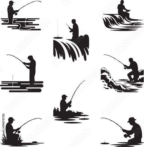 Silhouette of people fishing in various positions and locations  recreational fishing