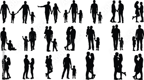 Family Silhouette Set, Happy Couples and Parents with Children, Romantic Partners and Diverse Family Units, People Walking and Hugging Vector Icons