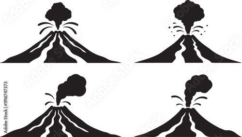 Four Minimalist Black Volcano Silhouettes Erupting with Different Styles