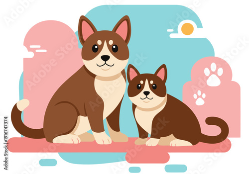 Cute brown and white pets sit together, celebrating with a joyful expression. A charming vector illustration perfect for pet-related themes.