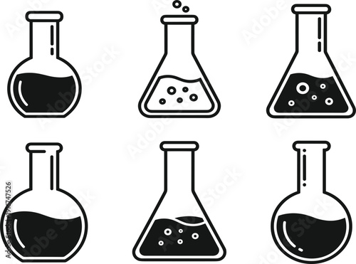 Black and white linear icon set featuring various laboratory flasks and beakers with bubbling liquids isolated on a white background for scientific design.