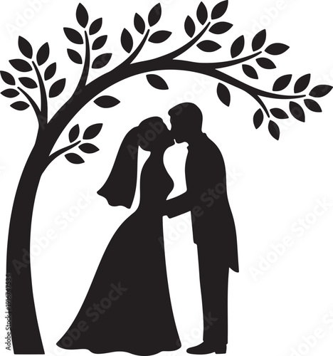 Silhouette of a bride and groom kissing in a romantic wedding moment
