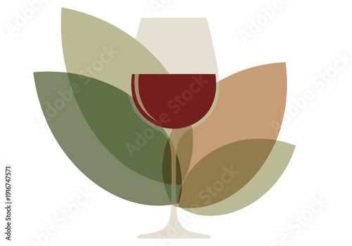 A minimalist wine flyer featuring a glass of red wine nestled amongst stylized leaf shapes. Clean, modern design with a sophisticated aesthetic.
