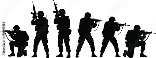 Soldiers Silhouette Set, Military Infantry Squad with Assault Rifles in Combat Poses, Army Special Forces Tactical Team Silhouette for War Concept
