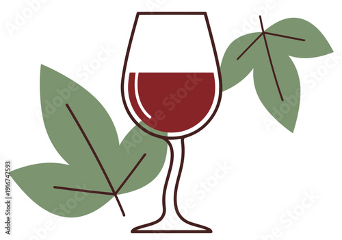 Minimalist wine illustration. A wine glass with leaves, conveying sophistication and elegance. Perfect for branding and design projects.