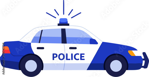 Blue and white police patrol car flat design vector illustration.