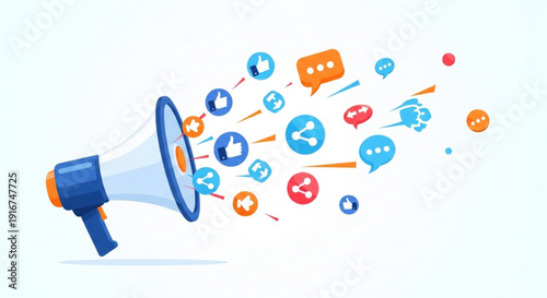 Megaphone with social media icons and speech bubbles on white background for marketing and communication concepts