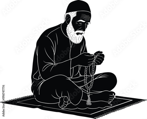 Elderly muslim man praying with tasbih during ramadan islamic worship devotion faith silhouette vector illustration