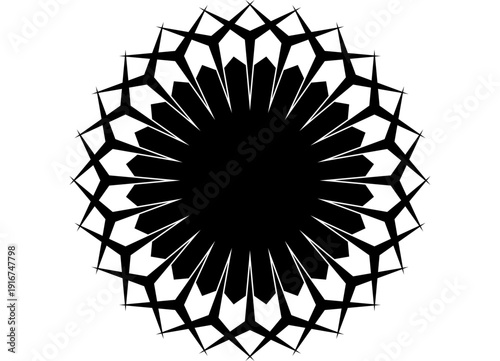 Vector round frame. Black pattern on white background. Symmetrical Design Element. Vinyl applique. Silhouette. Cut. Facets. Decor. Sun, flower. abstract petals