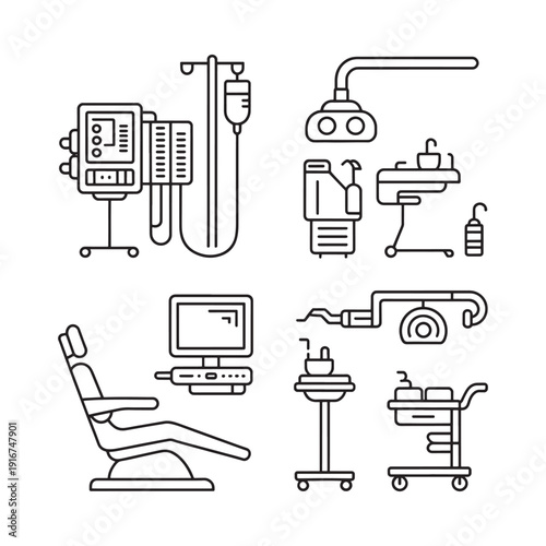 Line art illustration of diverse hospital medical equipment and devices